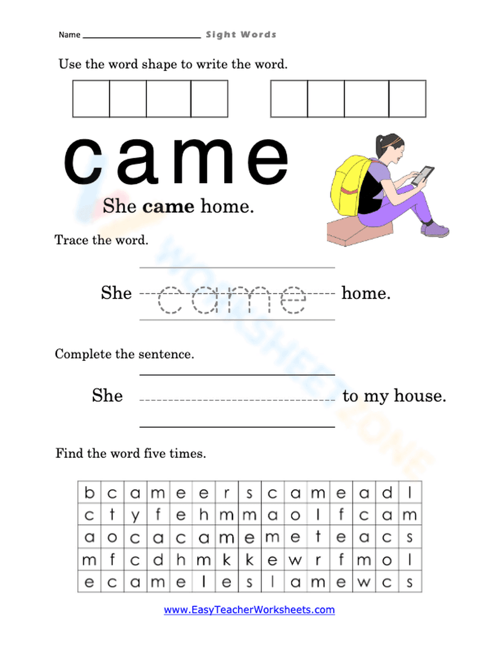 Came Sight Word Worksheet | Grade 1 Essential English - Page 1