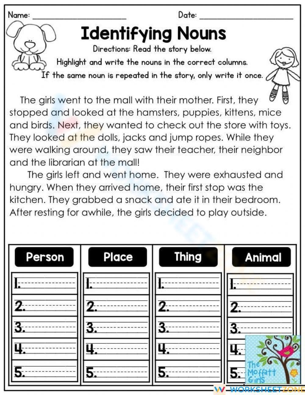 Identifying Nouns Worksheet: Person, Place, Thing, Animal - Page 1