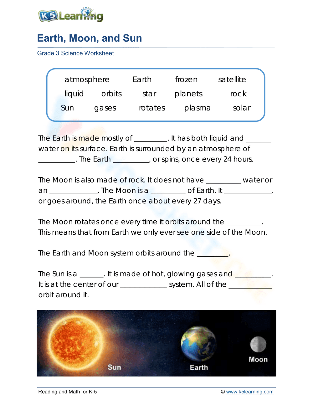 Printable Earth, Moon, and Sun Worksheet | Grade 3 Science - Page 1