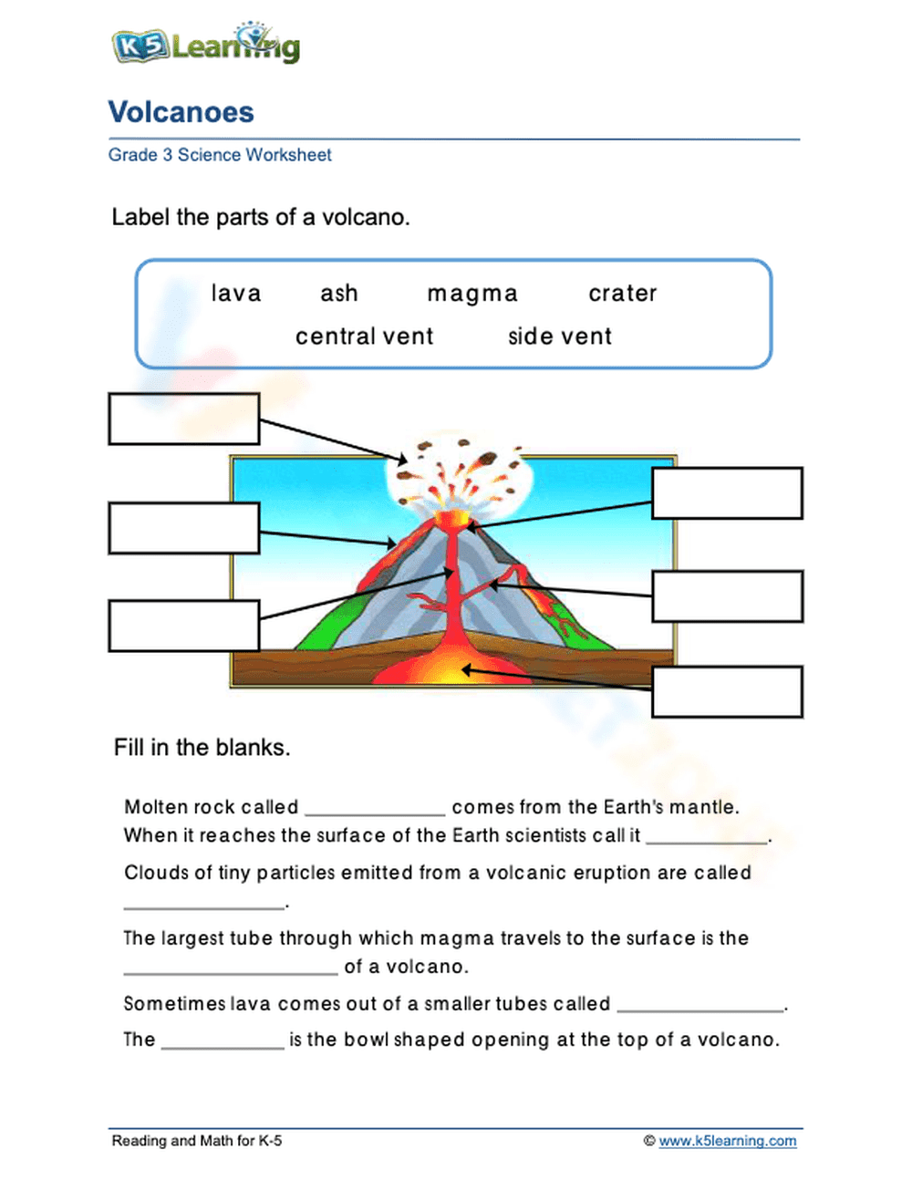 Printable Grade 3 Volcanoes Science Worksheet | Ready to Use - Page 1