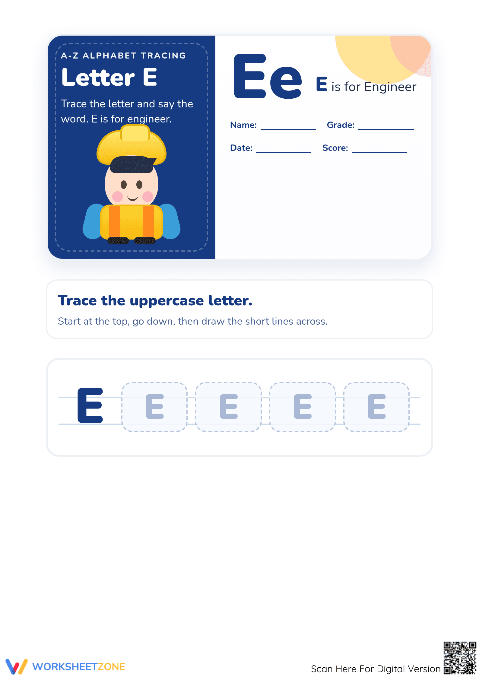Printable Letter E Tracing Worksheet | Preschool & K - Page 1