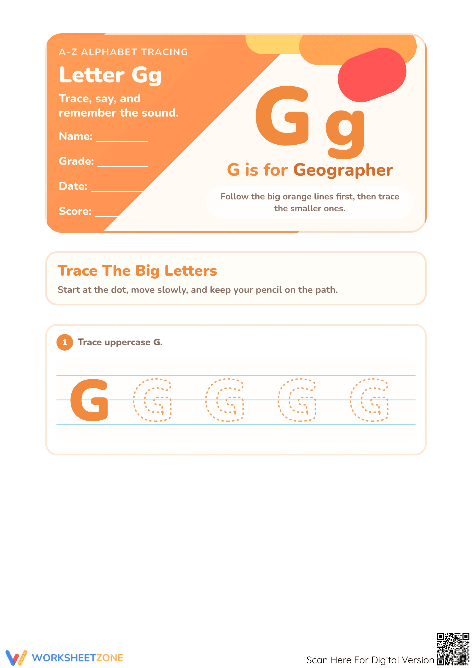 Essential Letter Gg Tracing Worksheet | Kindergarten ELA - Page 1