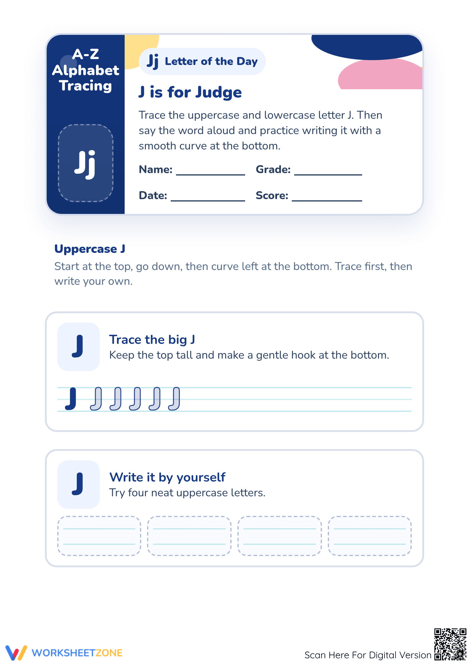 Printable Letter J Tracing Worksheet | Grade K Essential - Page 1
