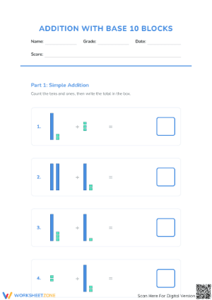 Grade 1-2 Addition with Base 10 Blocks — Printable Worksheet
