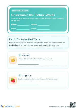 Printable Preschool Jumbled Words Spelling Worksheet