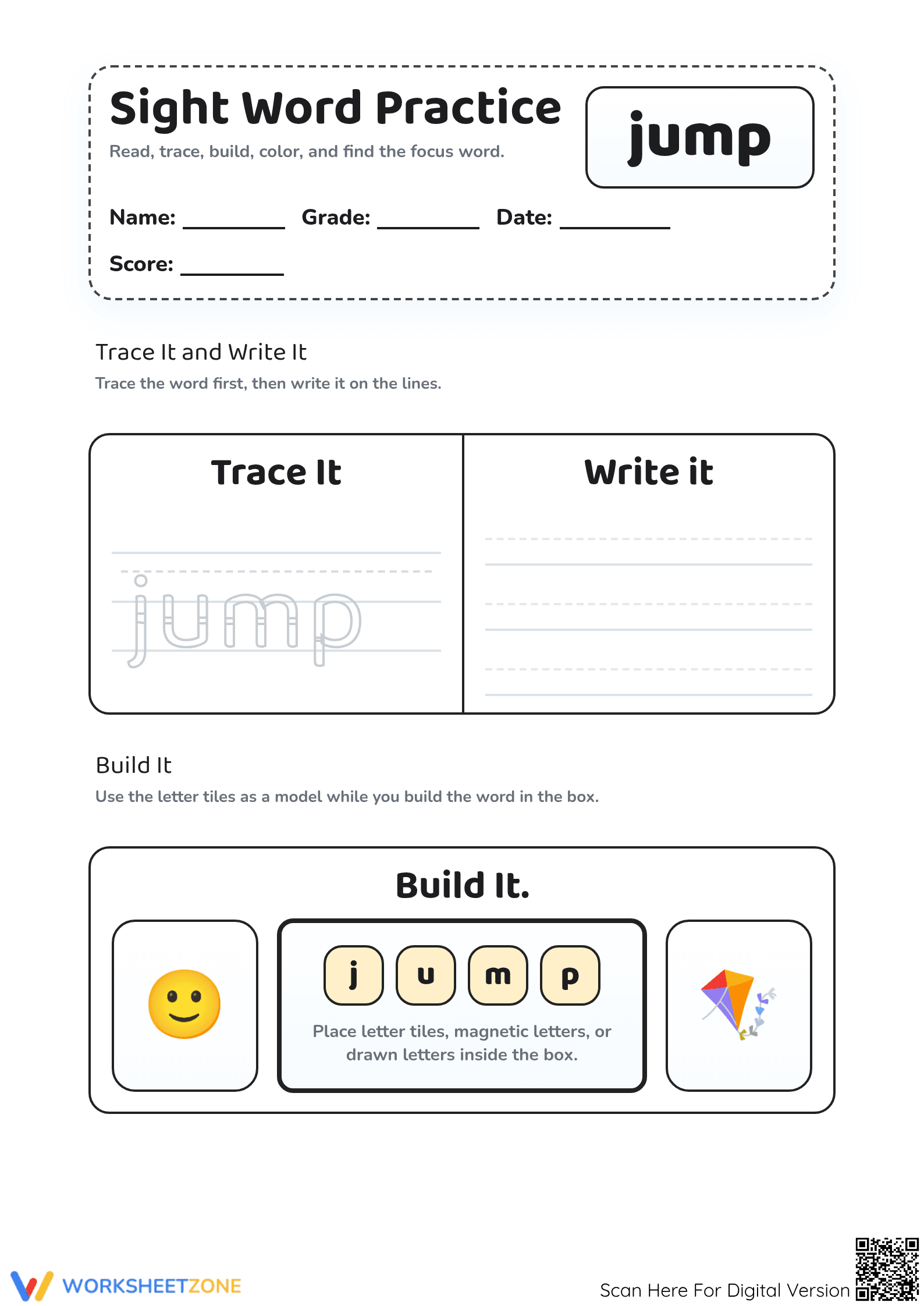 Grade K-1 Sight Word "jump" — Essential No-Prep Worksheet - Page 1