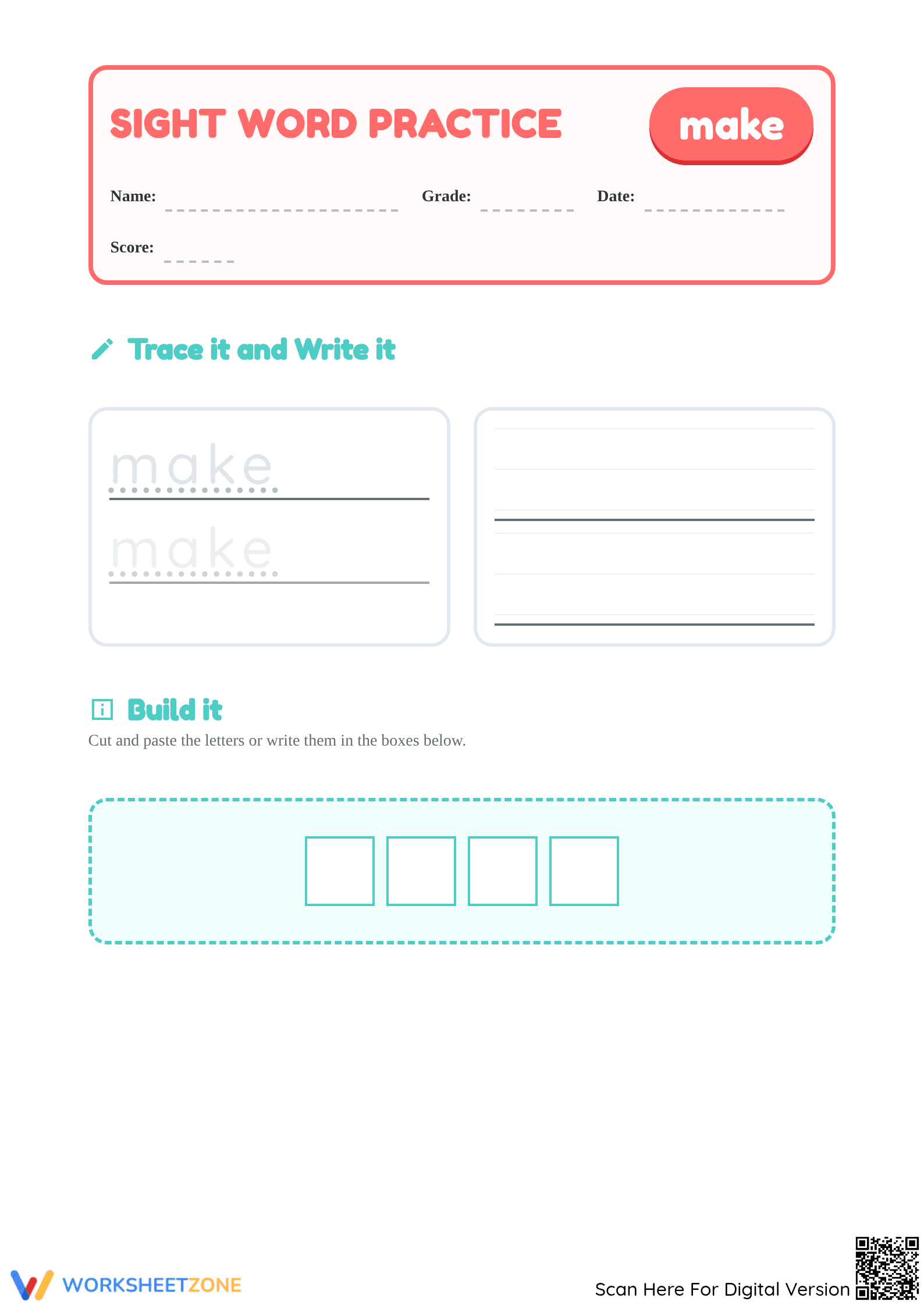 Sight Word "make" Worksheet | Grade K Printable ELA - Page 1