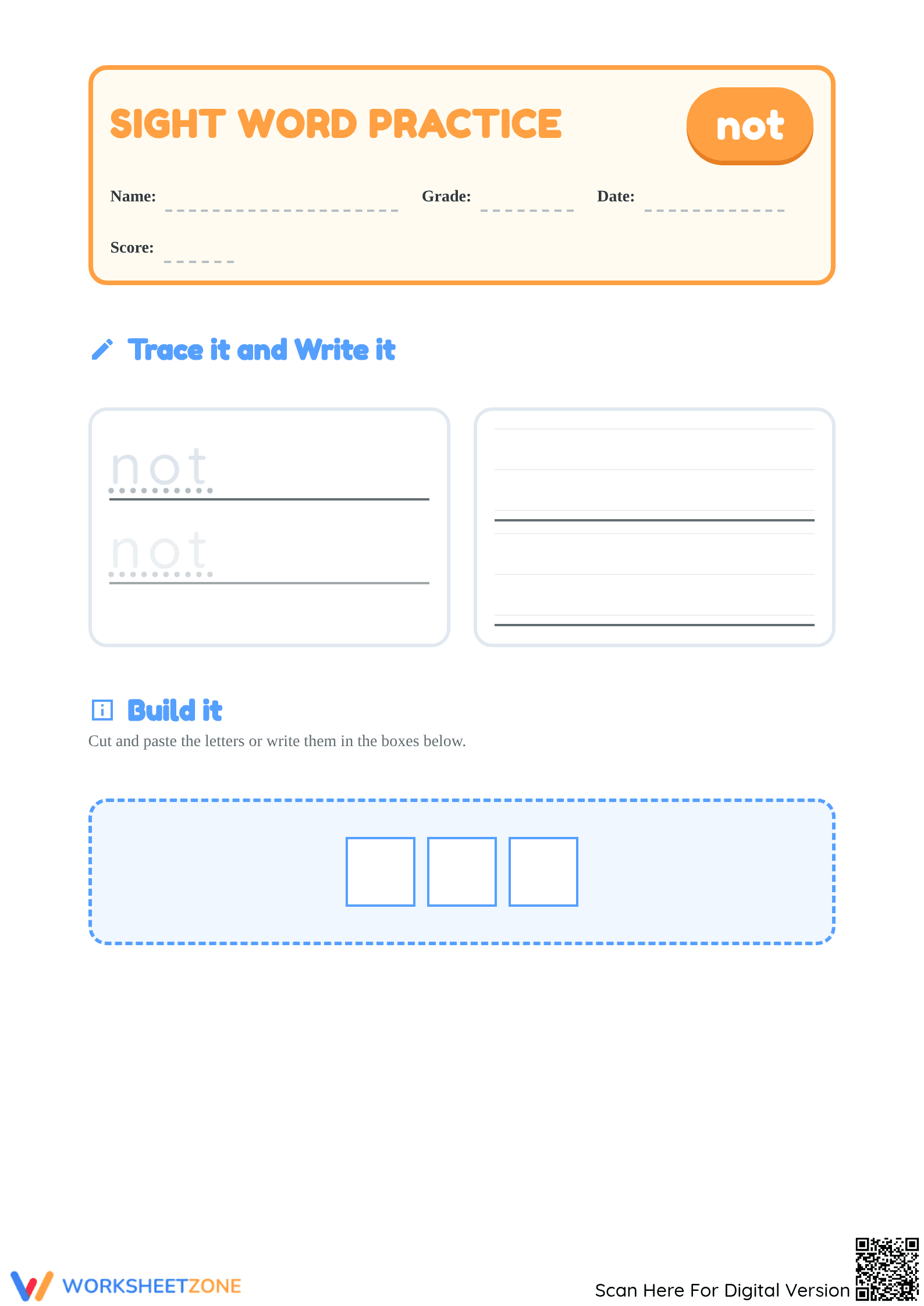 Printable Sight Word 'not' Worksheet for Kindergarten - Page 1