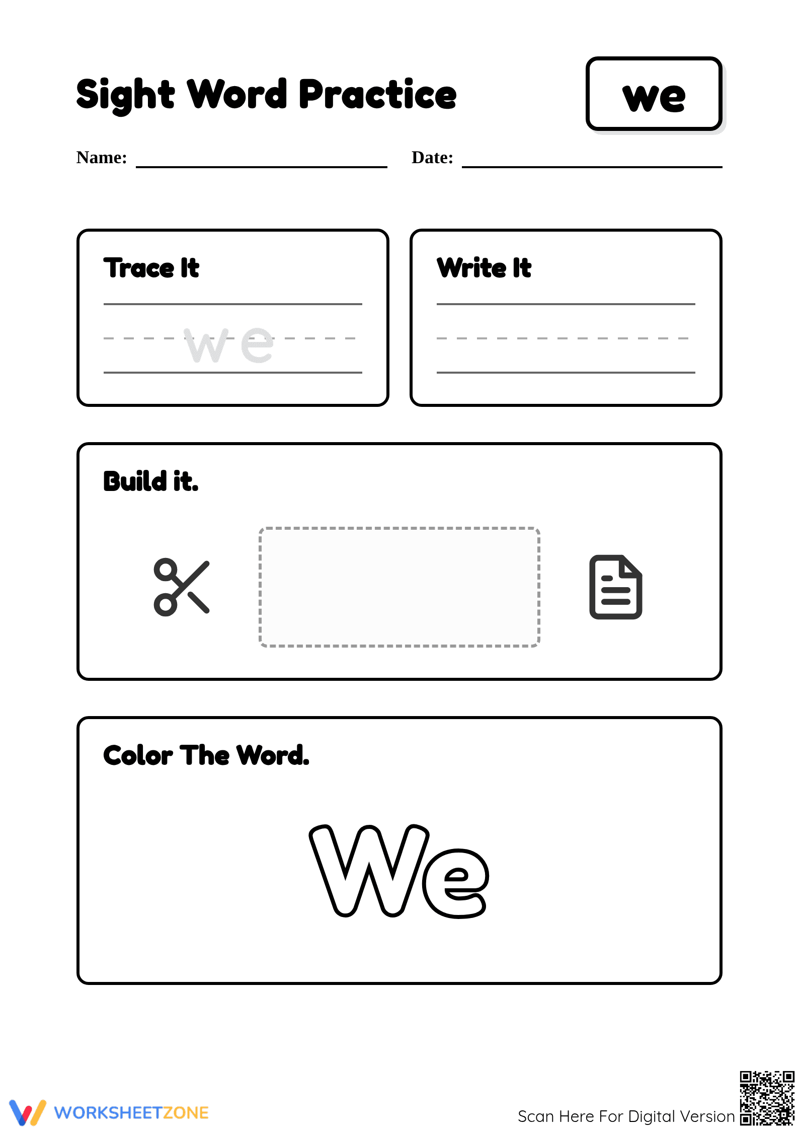 Printable Sight Word "we" Worksheet | Kindergarten ELA - Page 1