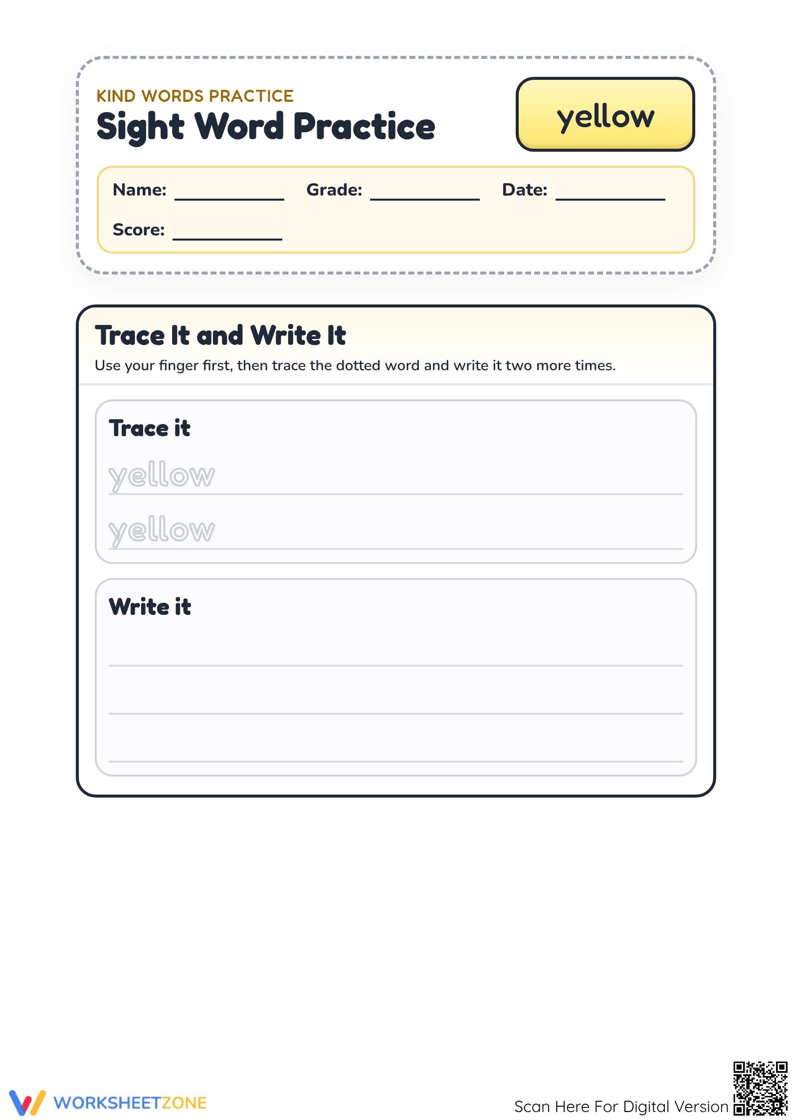 Printable Sight Word "yellow" Worksheet | Kindergarten Ready - Page 1