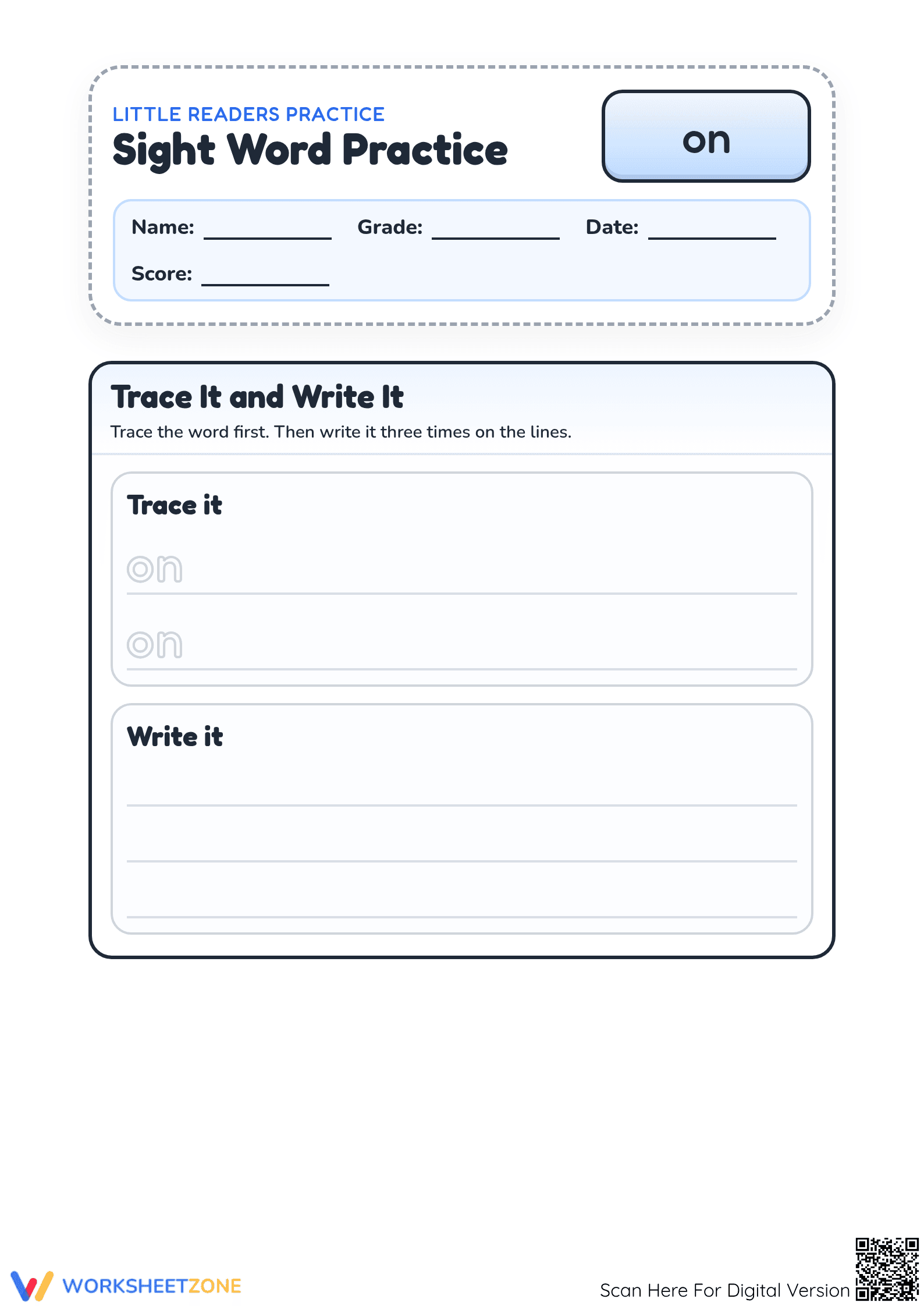 Essential Sight Word "on" Practice | Grade K-1 Printable - Page 1