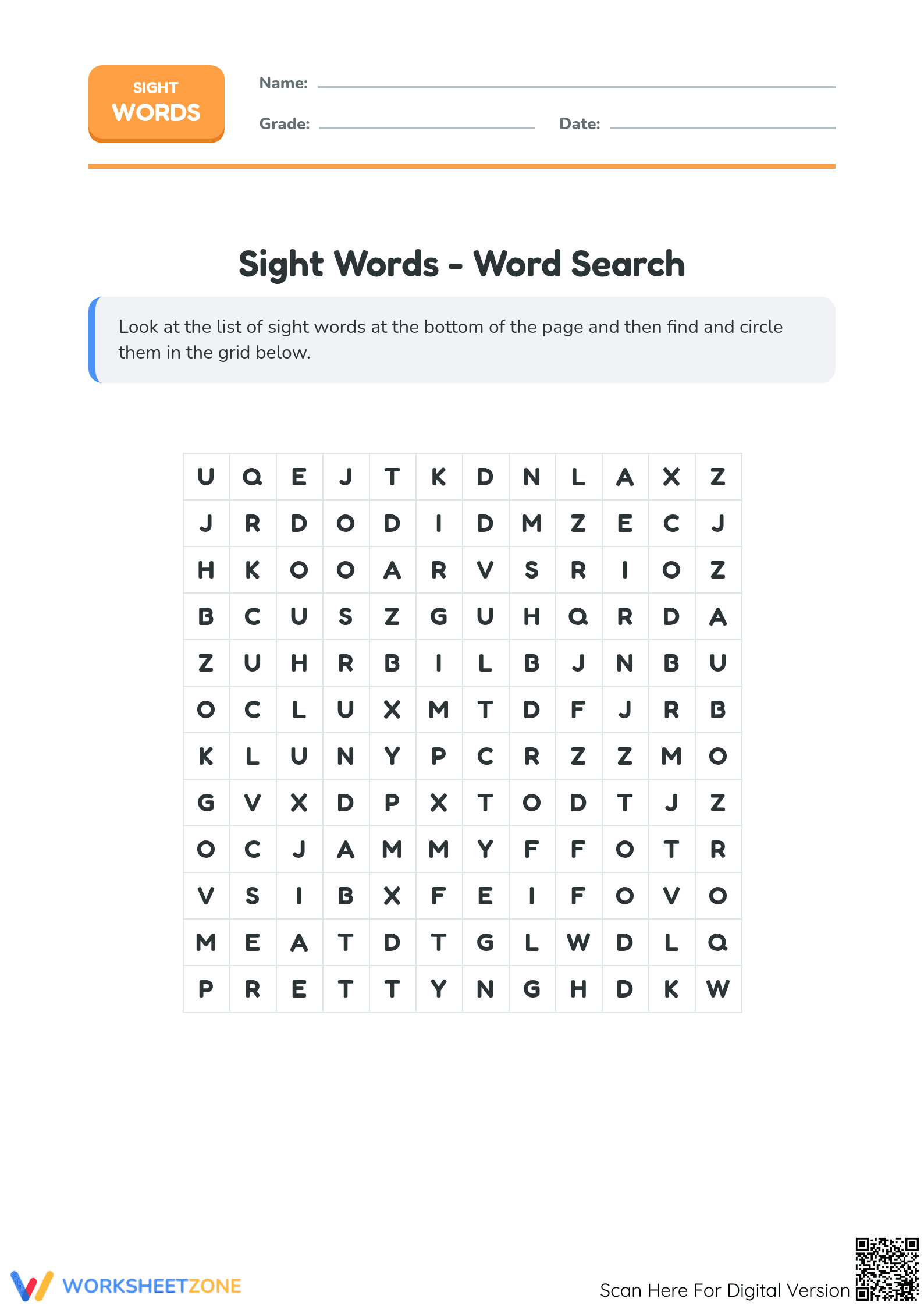 Sight Words Word Search Worksheet | Grade K-1 Essential - Page 1