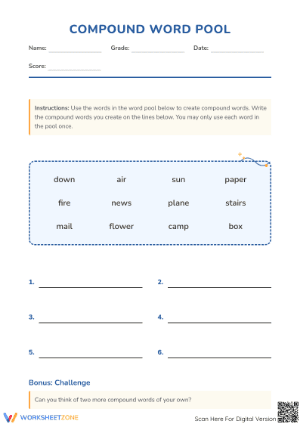 Printable Compound Word Pool Worksheet | Grade 1 ELA