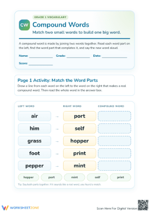 Printable Grade 1 Compound Words Matching Worksheet