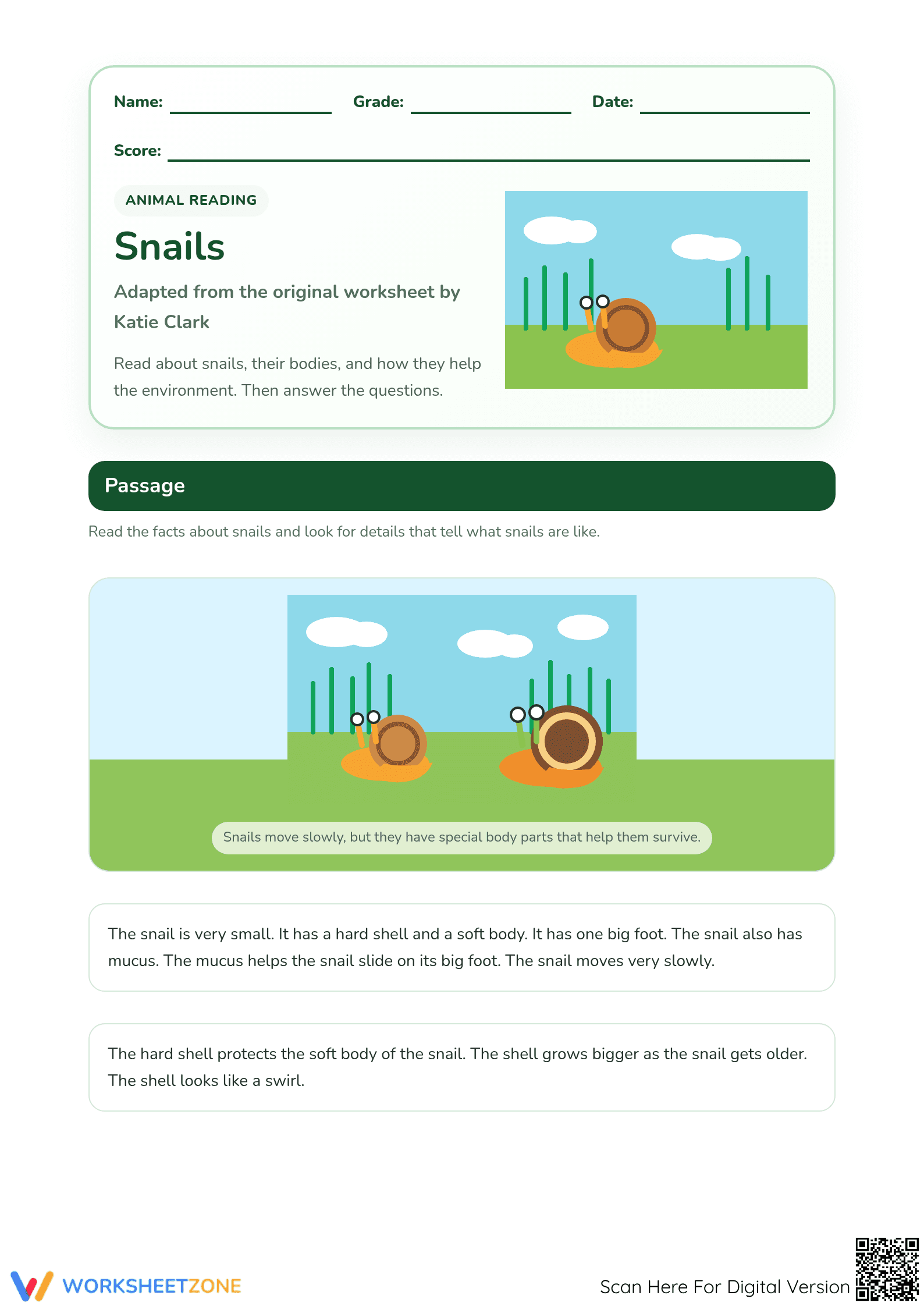 Grade 1 Snails Reading Passage — Printable No-Prep Worksheet - Page 1