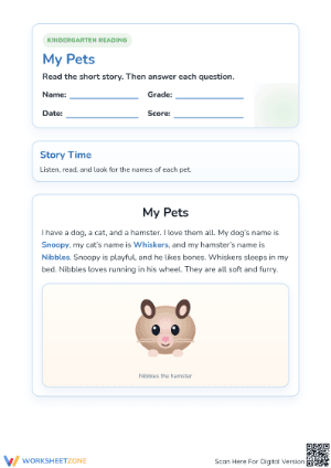 Printable Kindergarten Reading Worksheet: My Pets Story