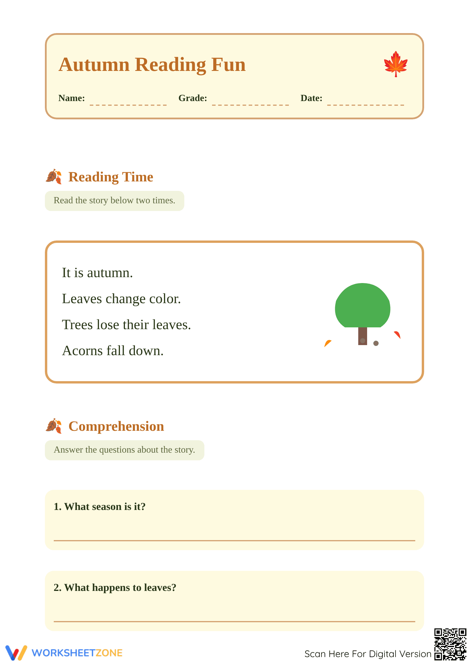 Grade 1 Autumn — Printable No-Prep Worksheet - Page 1