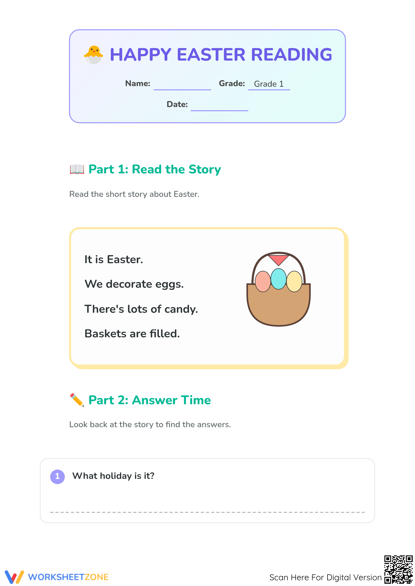 Easter Reading Comprehension | Printable Grade 1 ELA - Page 1