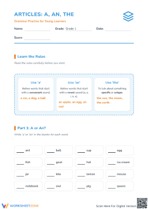 Printable Articles Worksheet: A, An, The | Grade 1 ELA