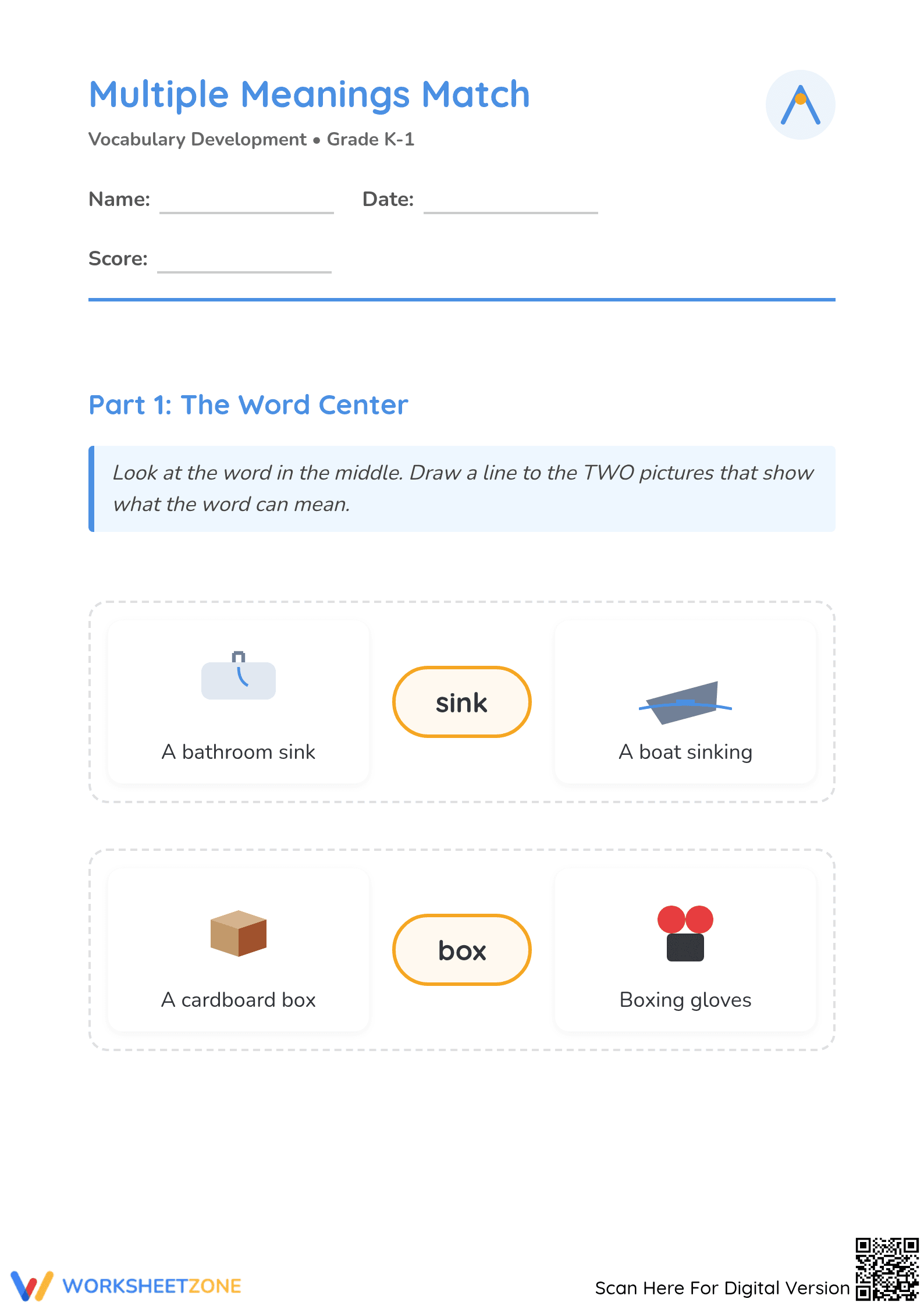 Printable Multiple Meaning Words Worksheet | Grade K-1 ELA - Page 1