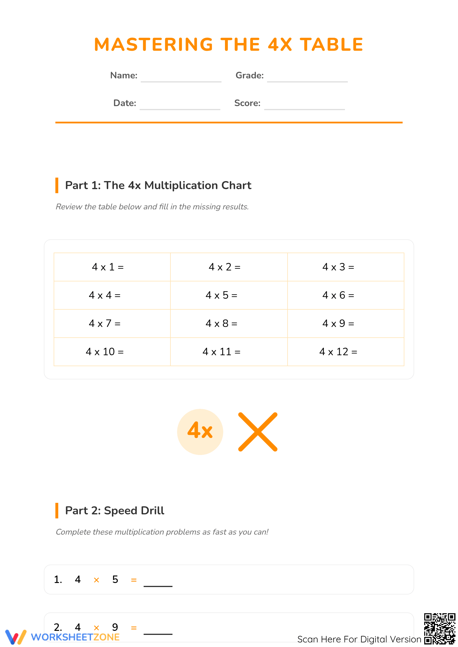 Essential 4x Times Tables Worksheet | Grade 3 Math - Page 1