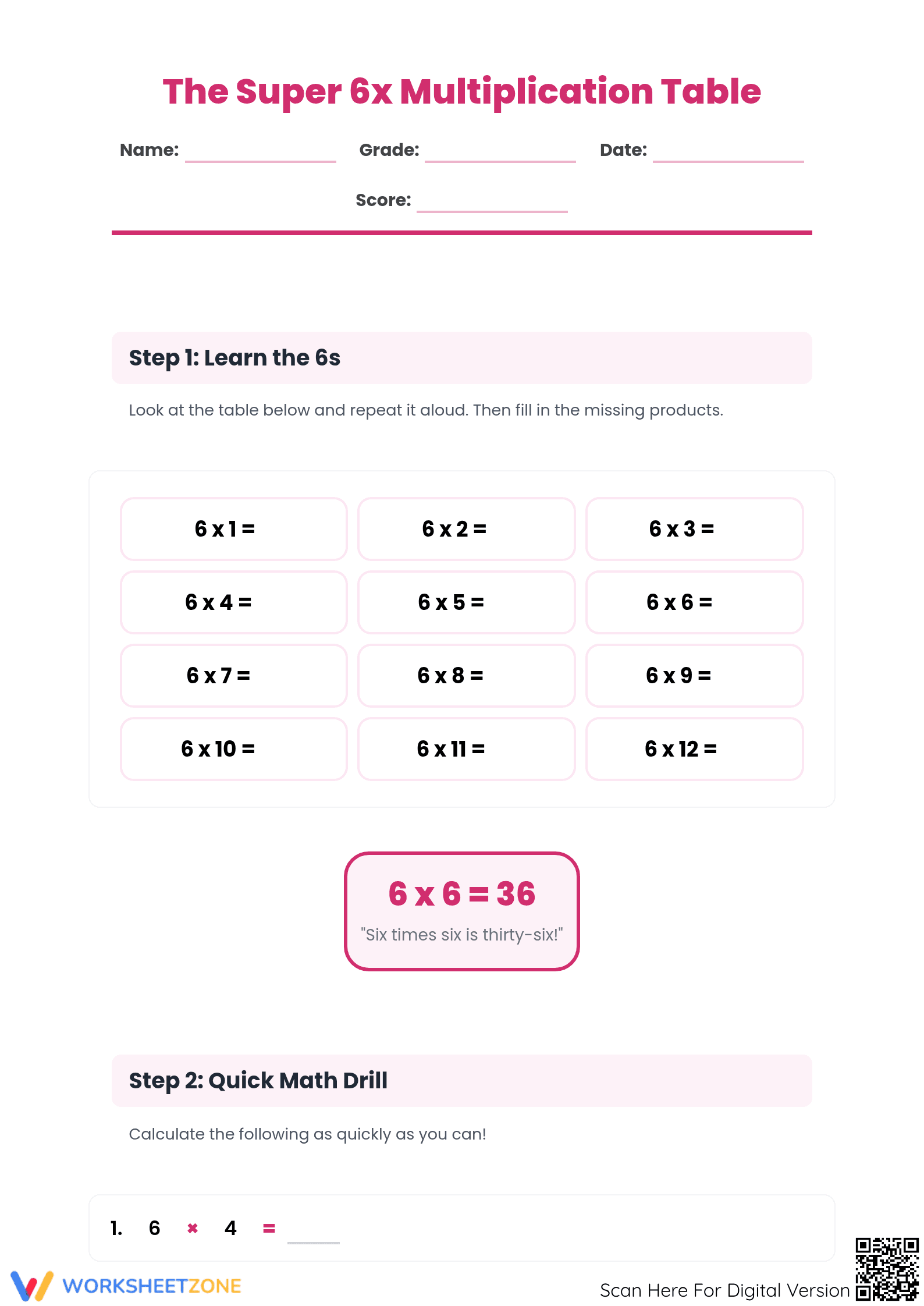 Printable 6x Times Tables Multiplication | Grade 3 Math - Page 1