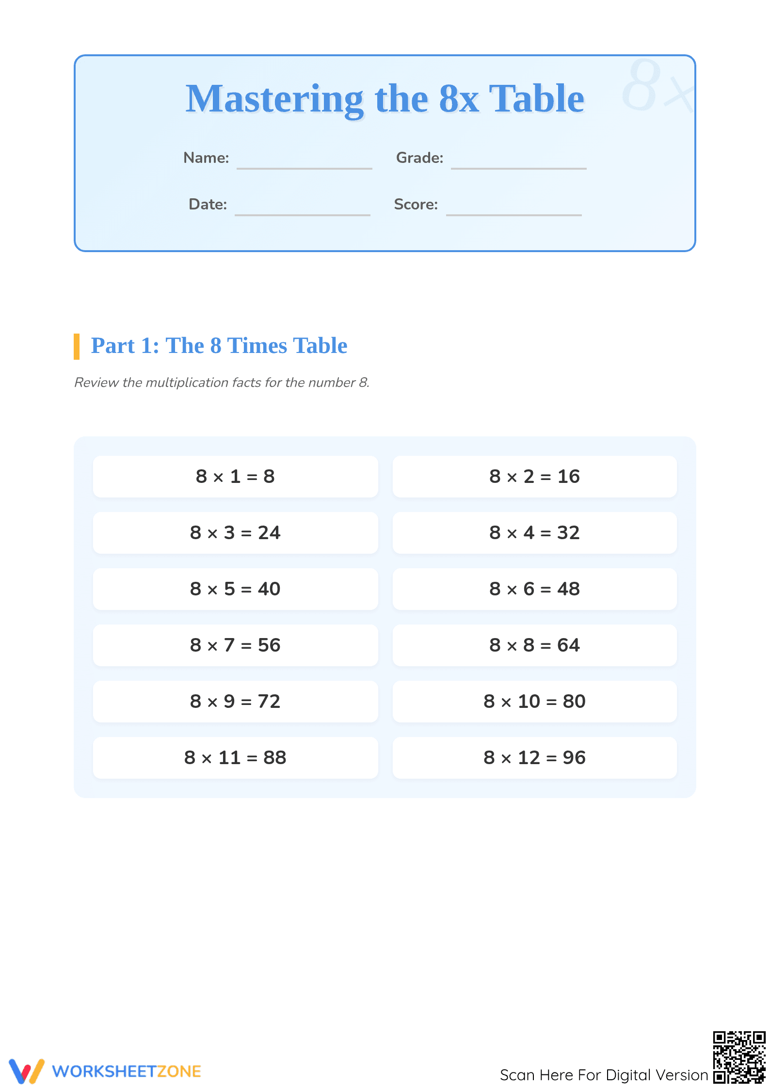 Printable 8 Times Table Worksheet | Grade 3 Multiplication - Page 1