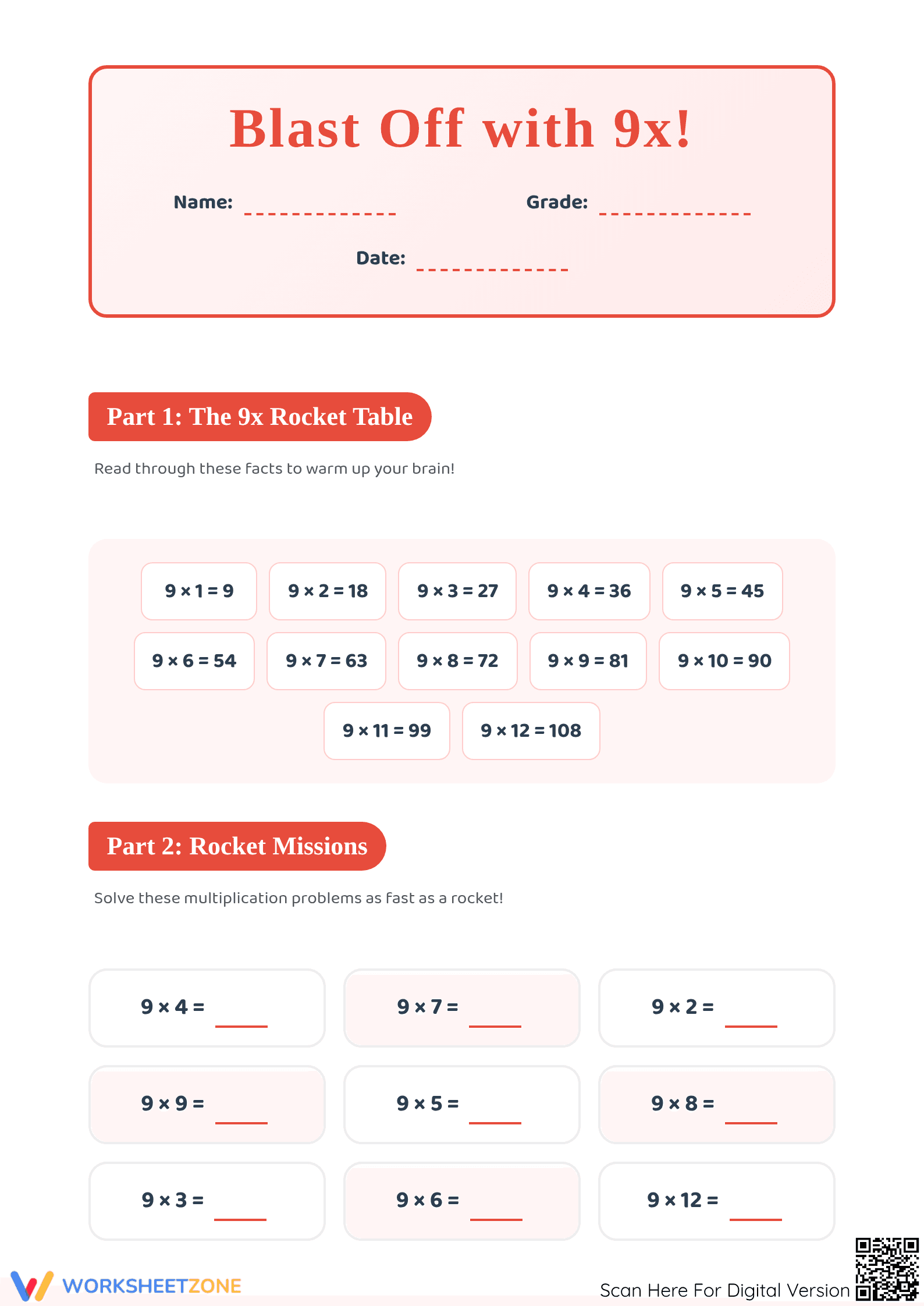 Essential 9x Times Tables Worksheet | Grade 3 Math - Page 1