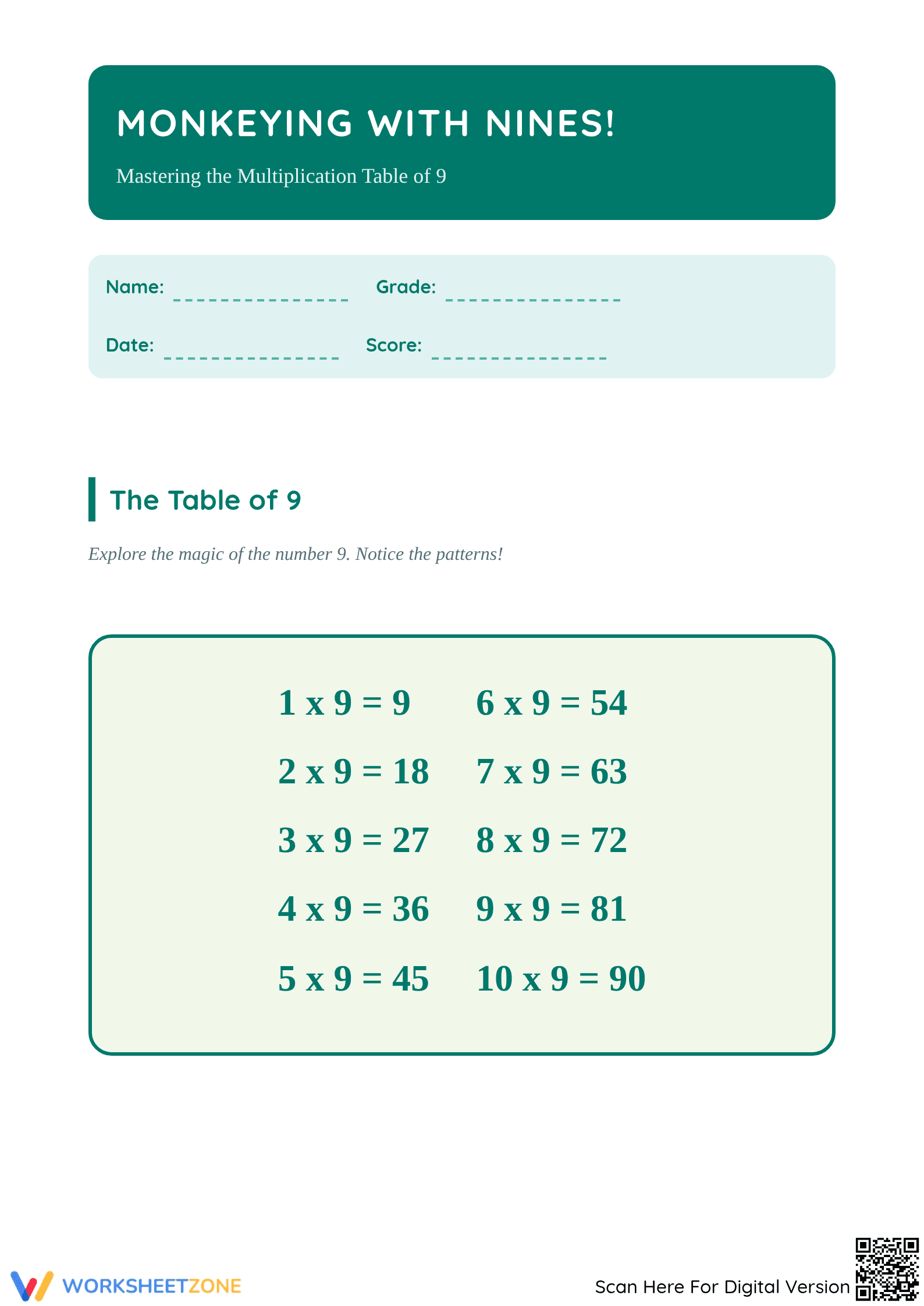 9x Times Tables Multiplication | Grade 3 Essential Worksheet - Page 1