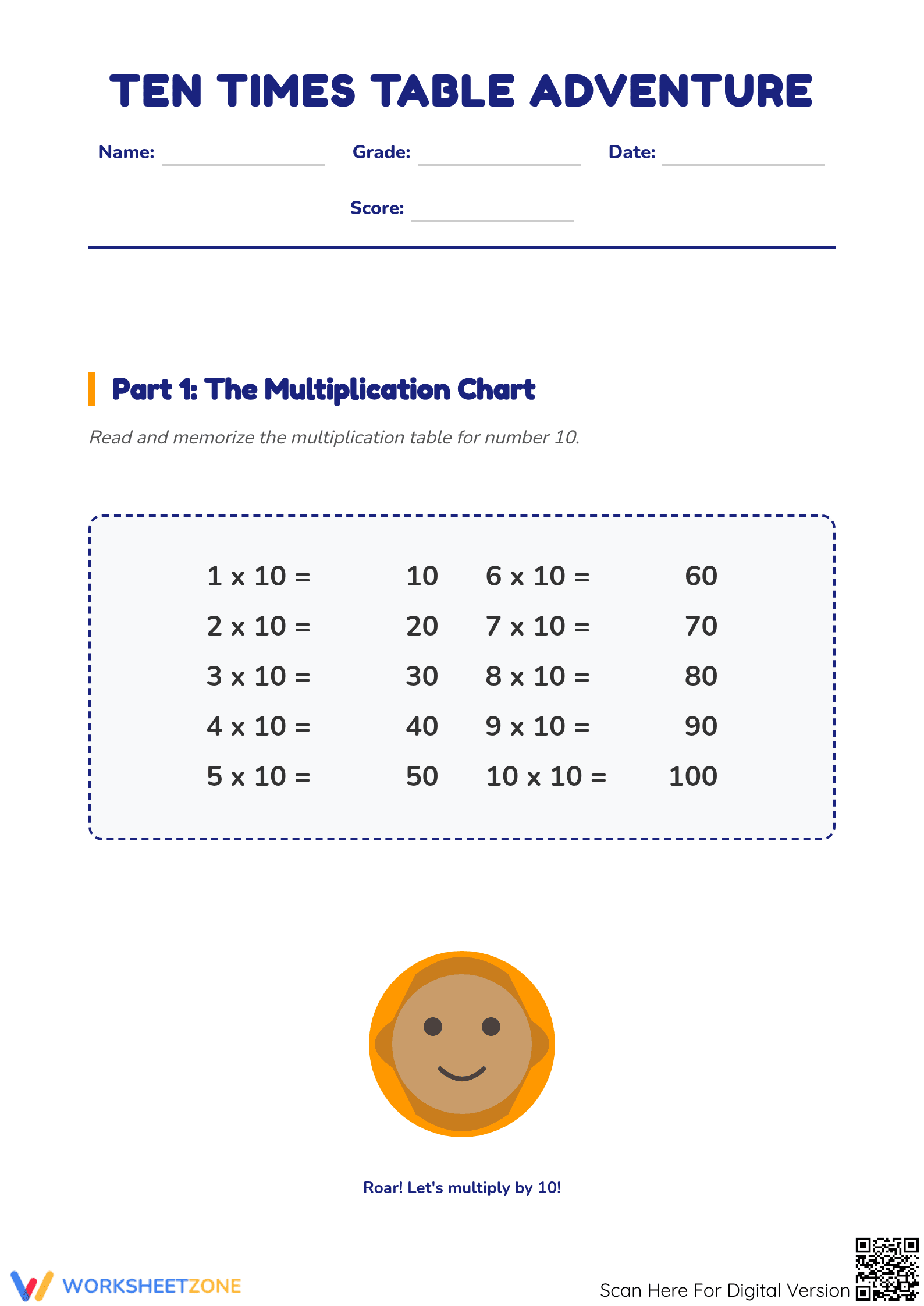 10x Times Table Printable Worksheet | Grade 2-3 Math - Page 1