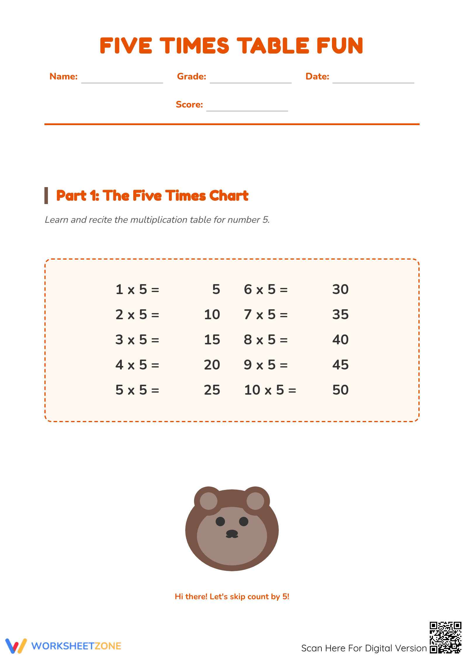 Printable 5x Times Table Worksheet | Grade 3 Math - Page 1
