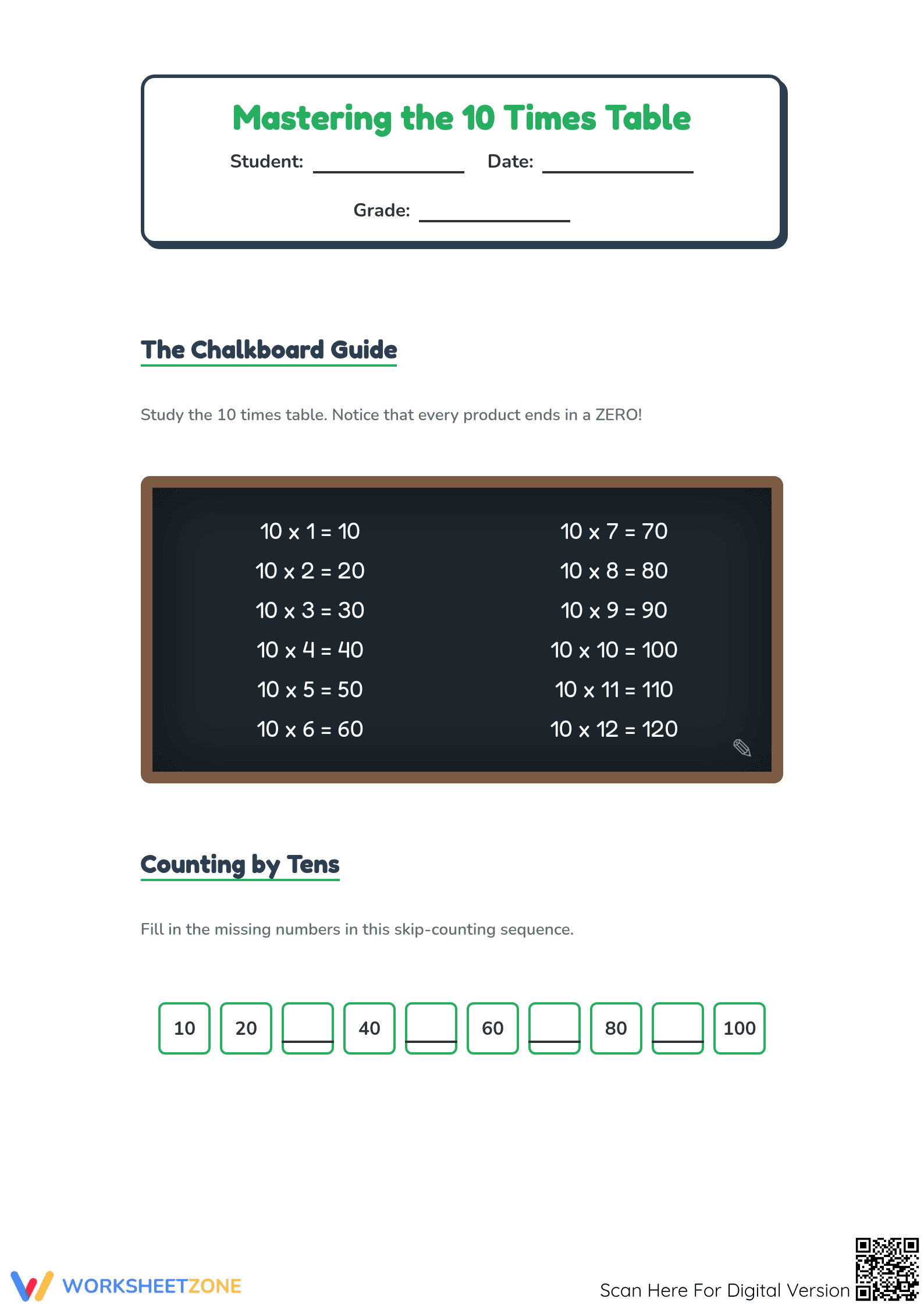 Essential 10x Times Table Worksheet | Grade 2-3 Printable - Page 1
