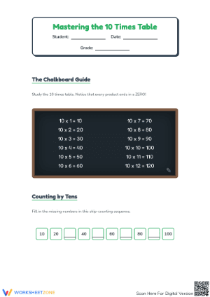 Essential 10x Times Table Worksheet | Grade 2-3 Printable
