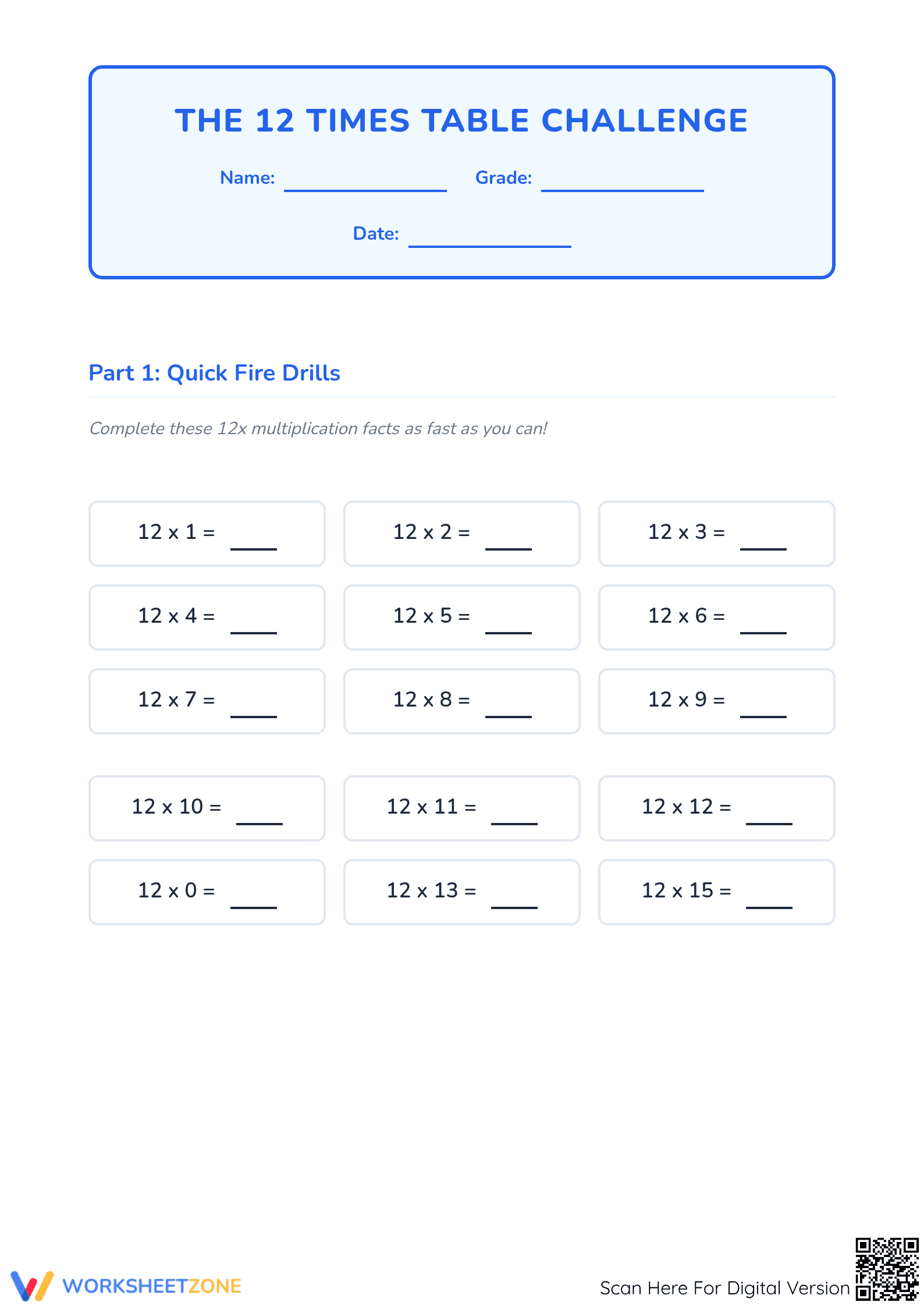 Printable 12 Times Table Challenge Worksheet — Grade 3 - Page 1