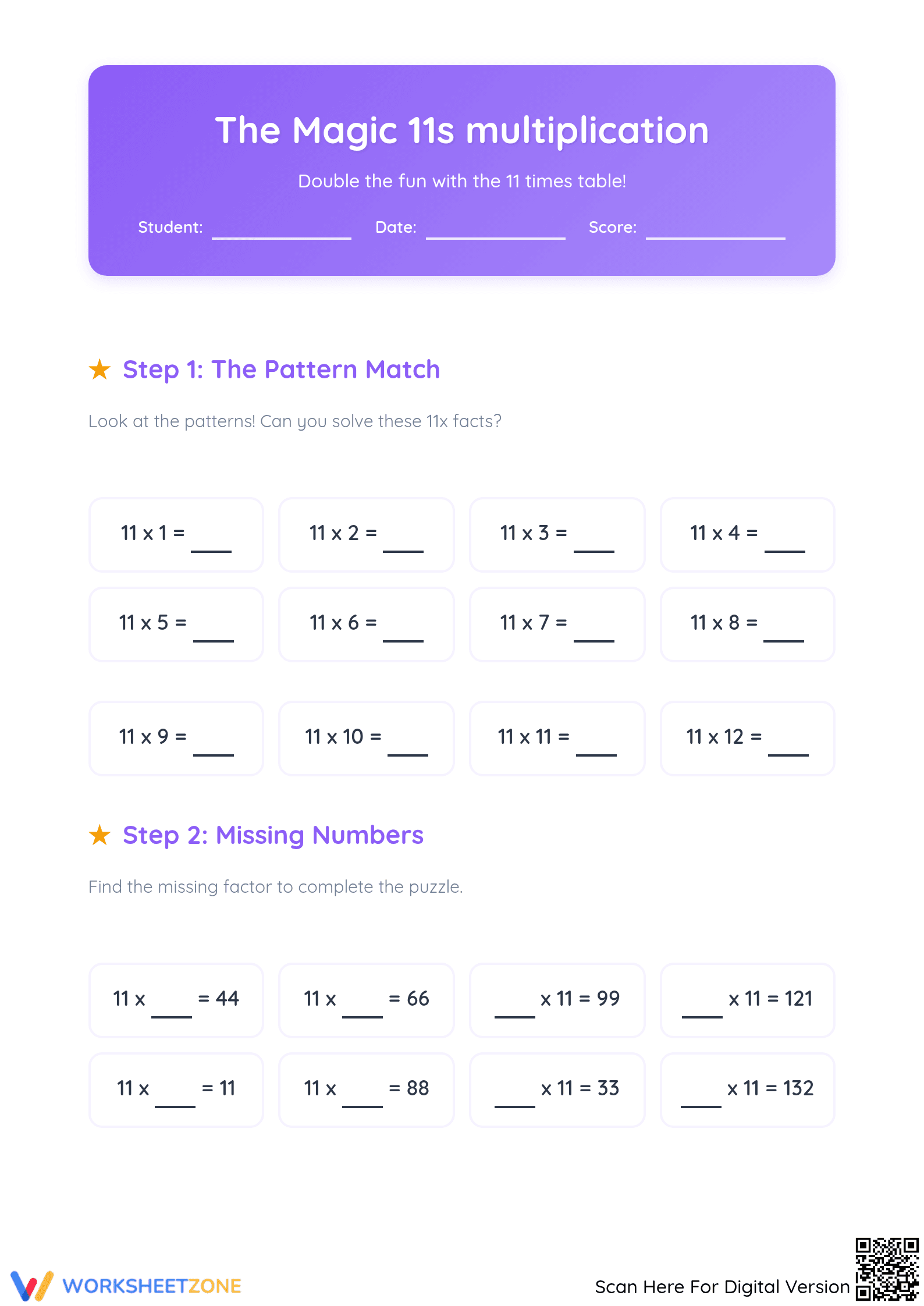 Essential 11x Times Tables Multiplication Math Worksheet - Page 1
