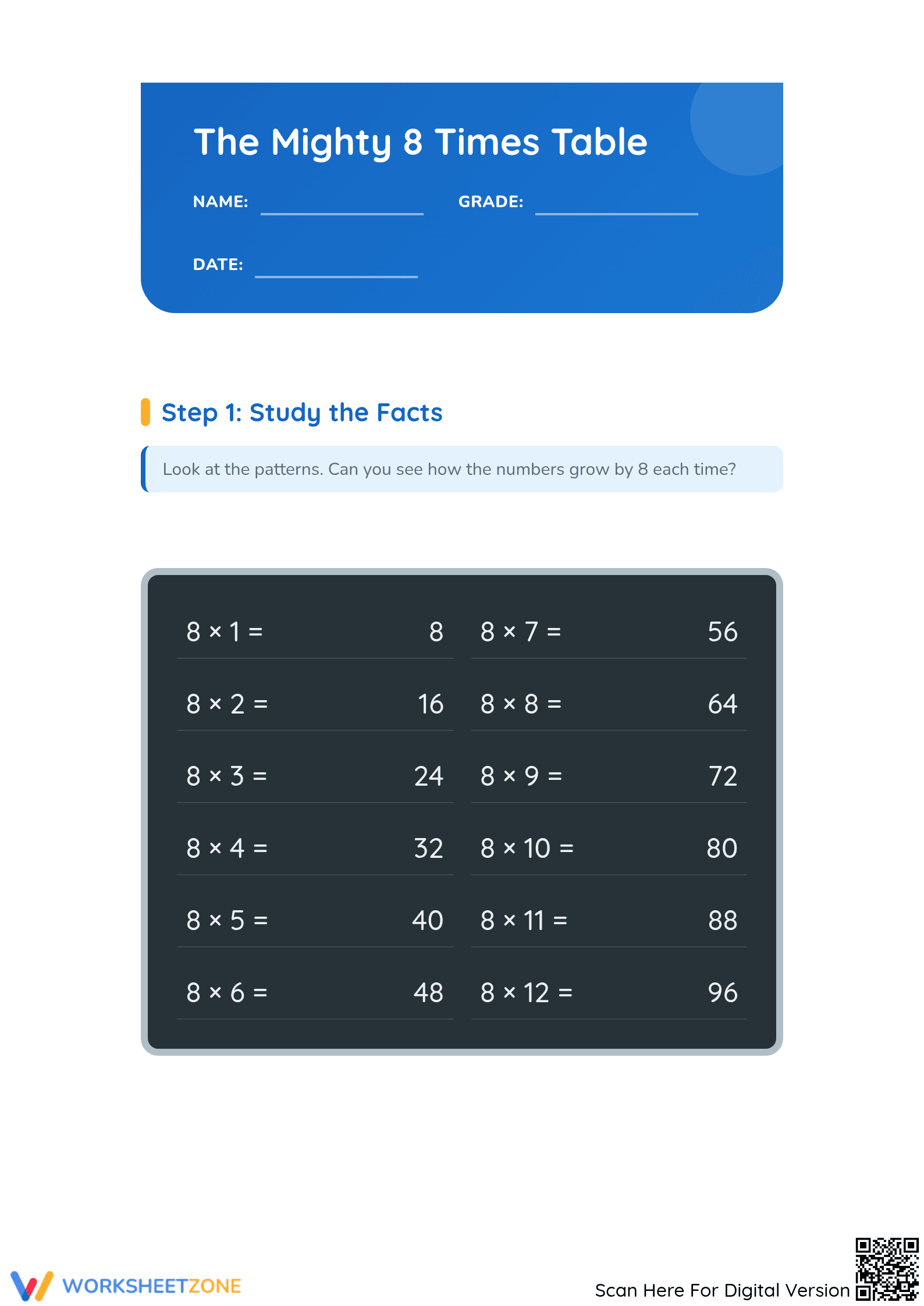 Printable 8 Times Table Worksheet | Grade 2-3 Math - Page 1