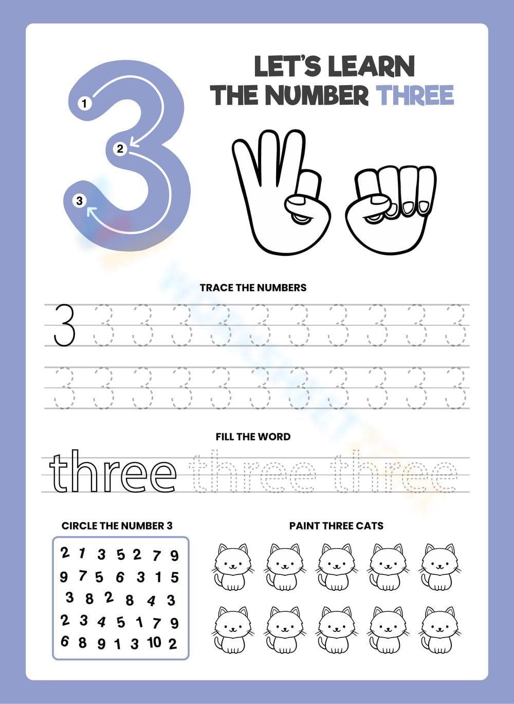 Learn the Number 3: Tracing, Counting & Coloring Worksheet - Page 1