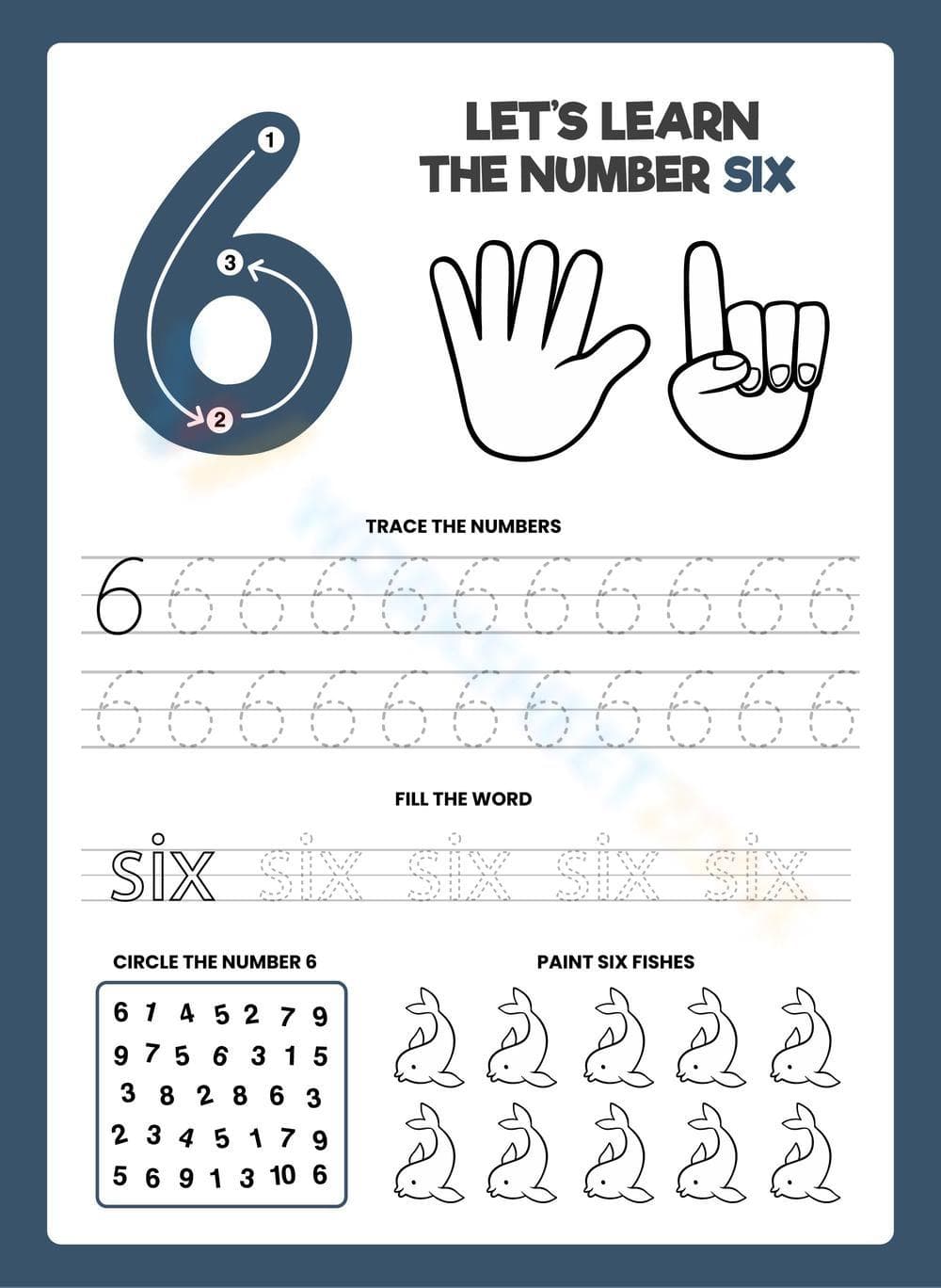 Number 6 Worksheet for Kids: Trace, Spell, and Paint Six Fish - Page 1