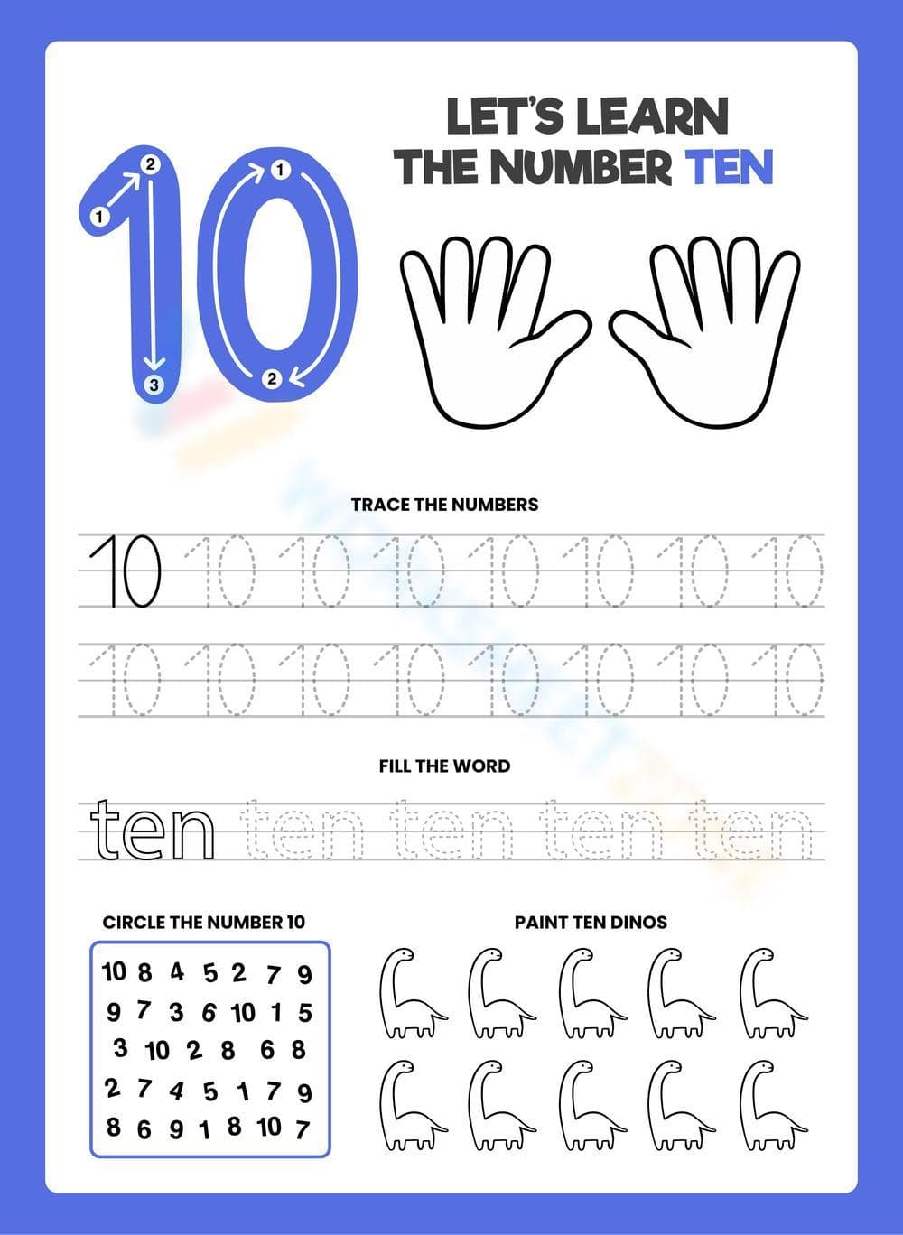 Number 10 Worksheet - Trace, Count & Recognize Ten - Page 1