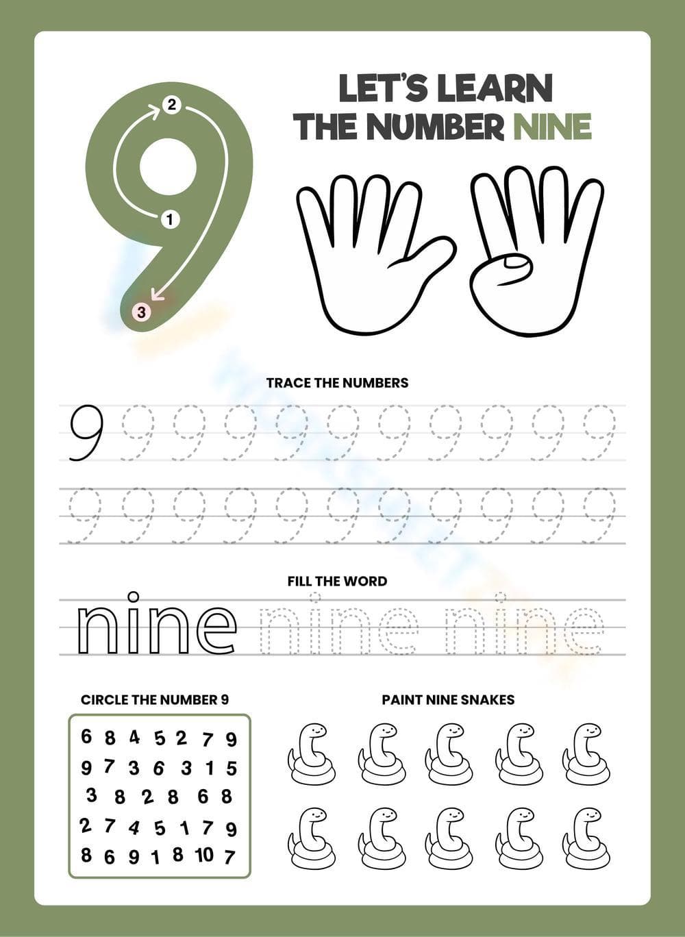 Number 9 Worksheet: Trace, Read, and Paint Nine Snakes - Page 1
