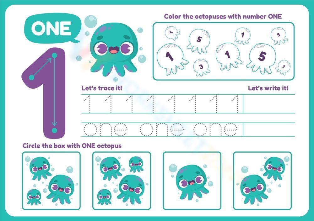 Ocean-Themed Number 1 Worksheet - Trace & Count One - Page 1