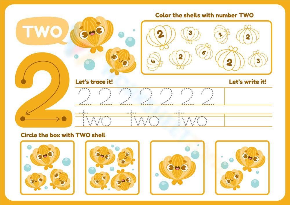 Number 2 Worksheet: Trace, Count & Color Shells for Preschoolers - Page 1