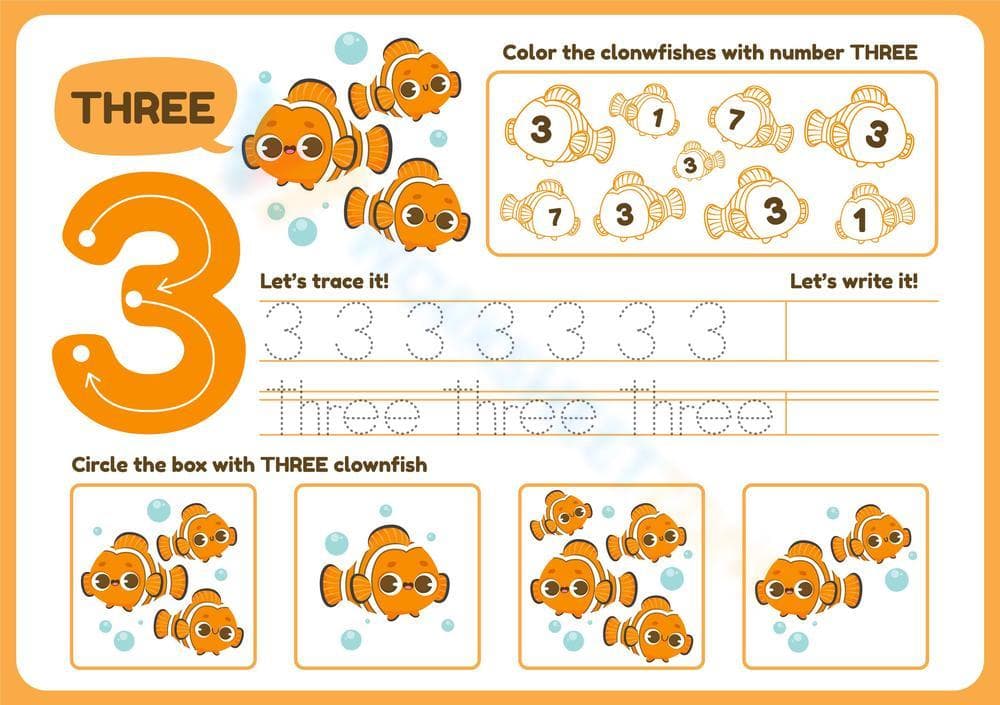 Recognizing Number 3 - A Practice Worksheet - Page 1