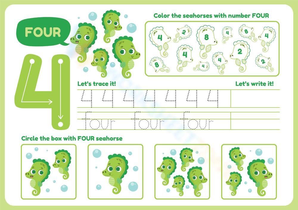 Number 4 Worksheet: Trace, Write & Count Seahorses - Page 1
