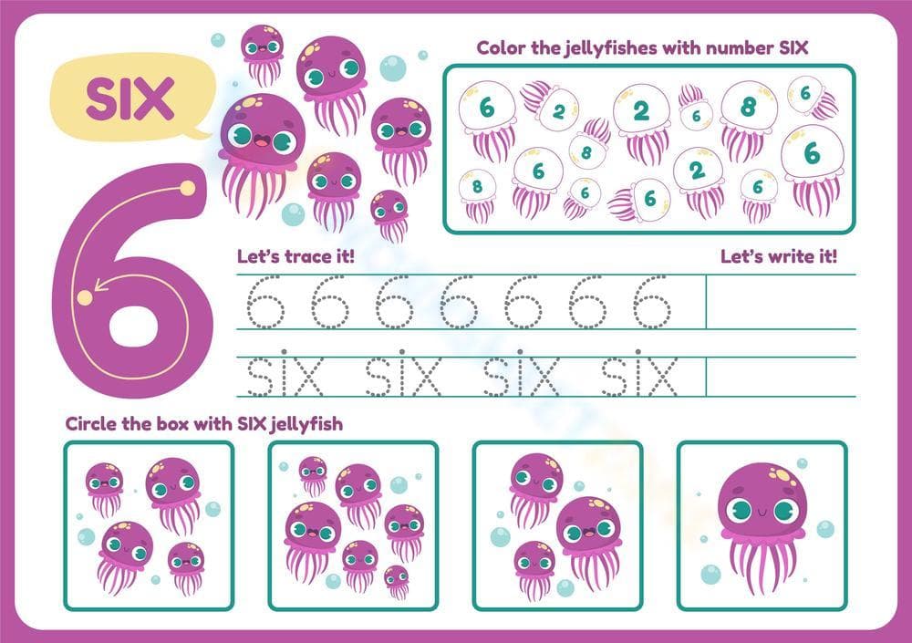 Fun Number 6 Worksheet for Preschool - Trace, Count, Color!

 - Page 1