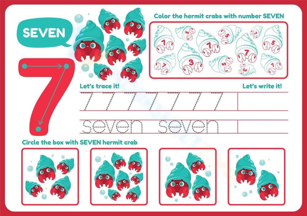 Learn the Number 7: Tracing, Counting & Hermit Crab Activities - Page 1