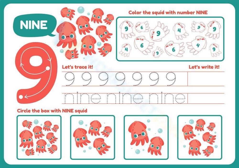 Learn the Number 9 with Fun Squid-Themed Activities
- Page 1