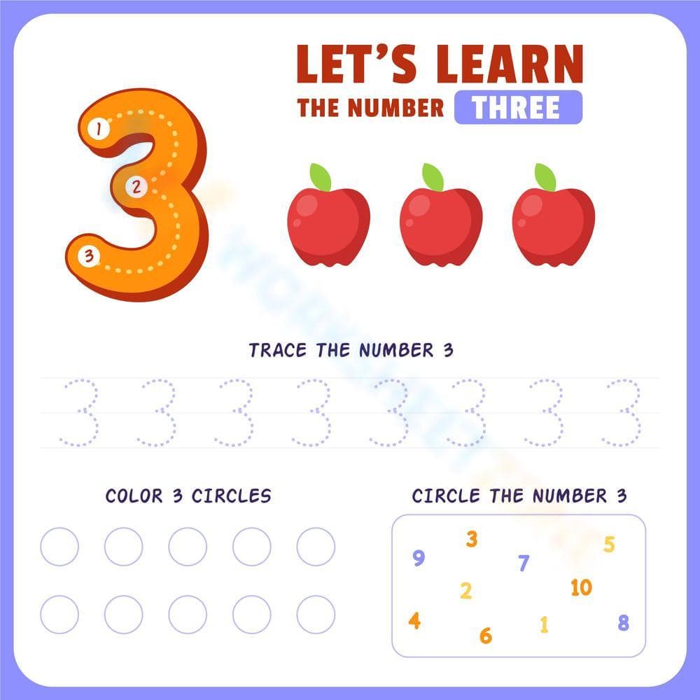 Learn Number 3: Apple-Themed Tracing & Counting Worksheet - Page 1