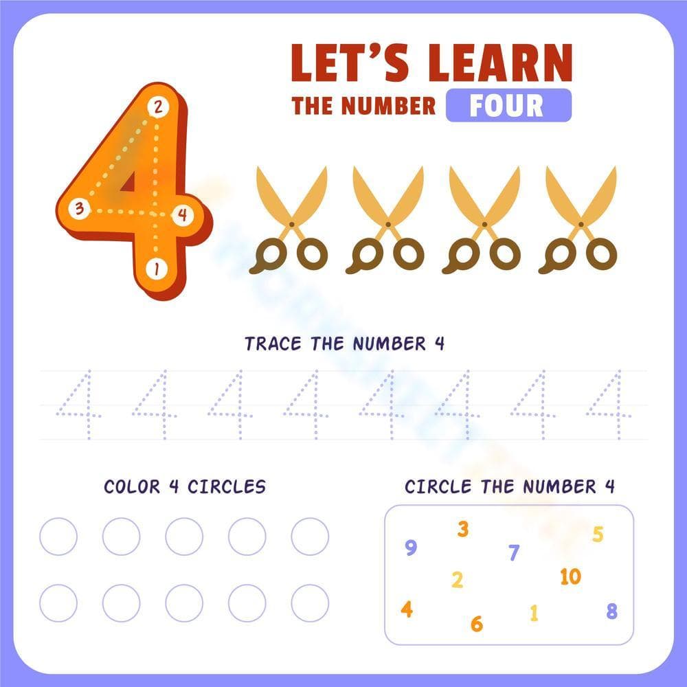 Number 4: Trace, Count, and Spot the Fours
- Page 1