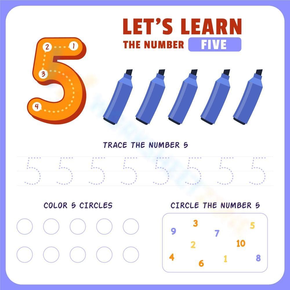 Number 5 Worksheet: Trace, Count & Find with Markers - Page 1